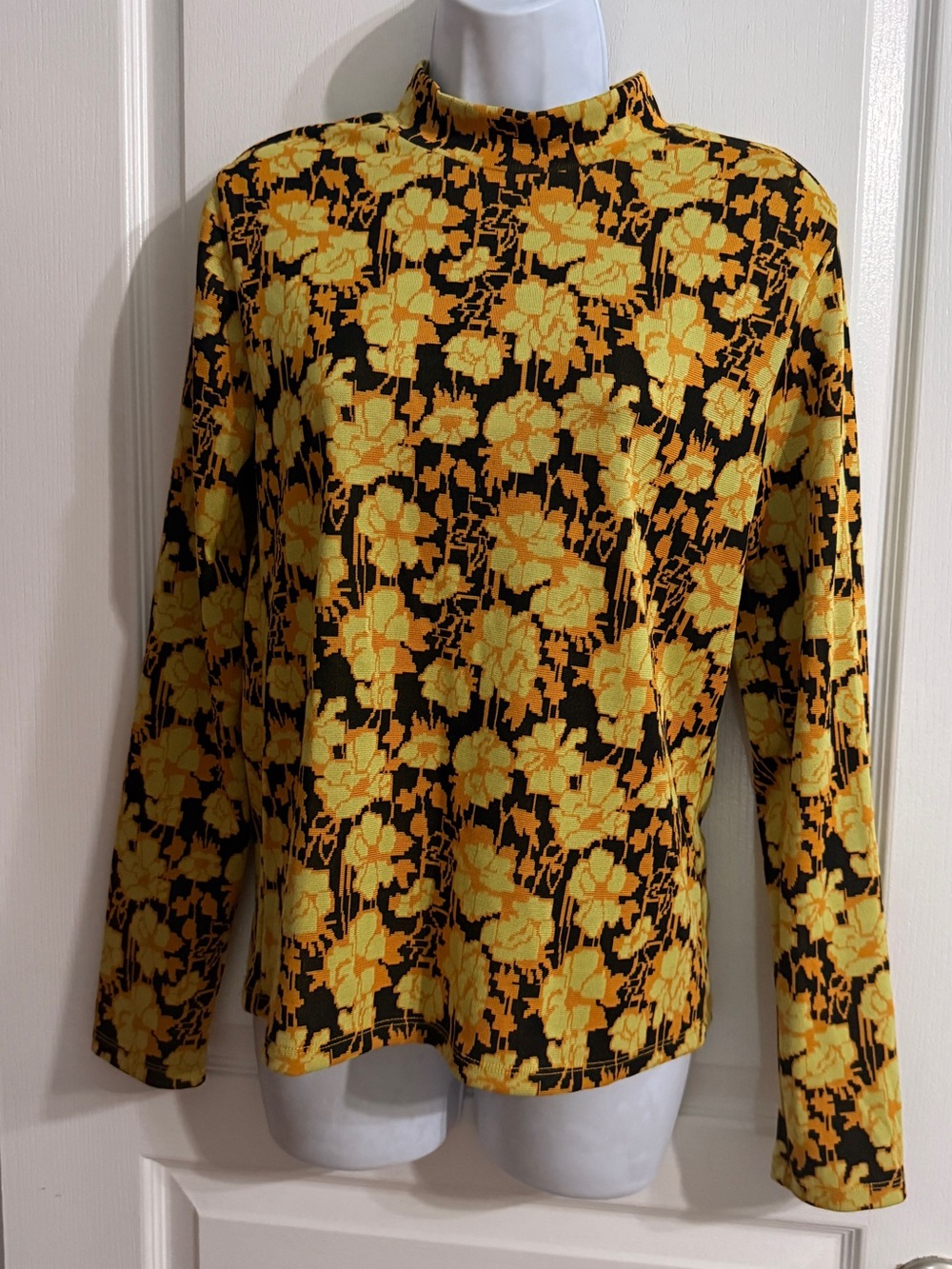 Zara Yellow and Black Floral Mock-Neck Long Sleeve Top
